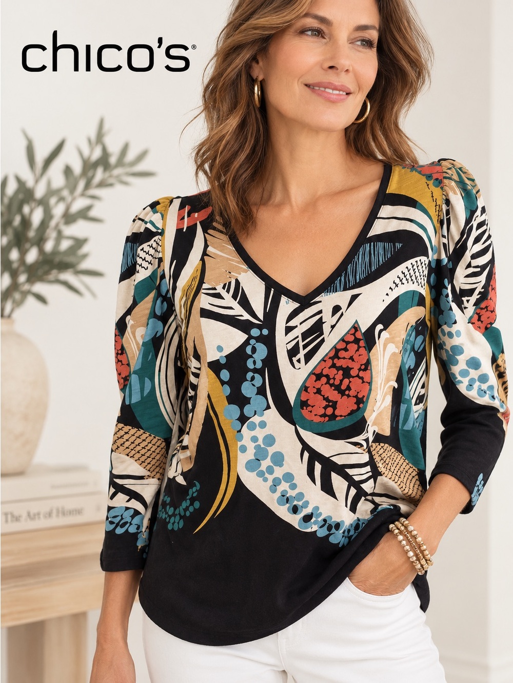 Chico’s Size 1 M Black Multicolor Abstract Print V Neck 3/4 Sleeve Top Cotton Mo